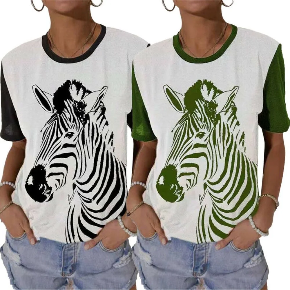 

Womens Animal Print Short Sleeve T-Shirt Top Summer Casual Loose Basic Blouse