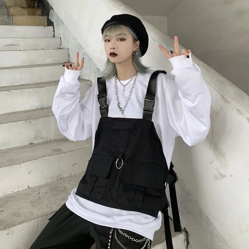 Harajuku стиль жилет Мужская Женская безрукавка уличная Регулируемая мода талии пальто карманы, набедренный хоп тактические куртки черный