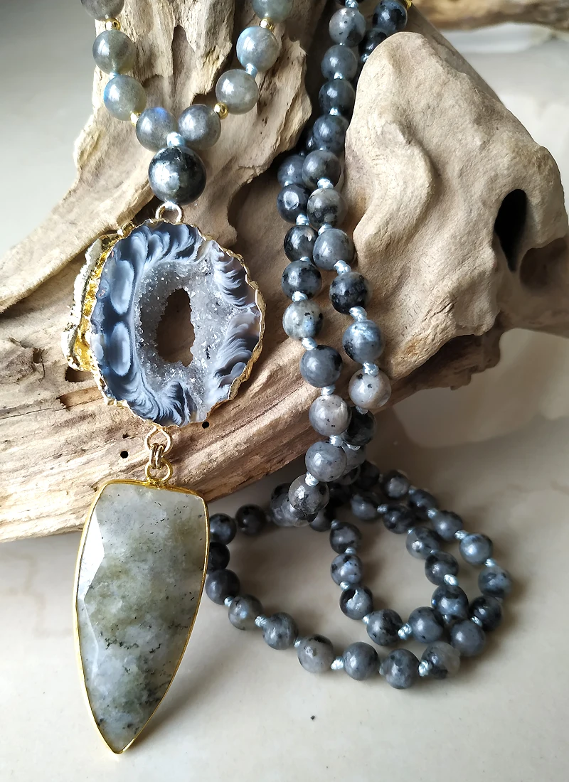 YA2791 Geode Agat e кулон из Лабрадорита камень Черные искусственные бусины узел ручная