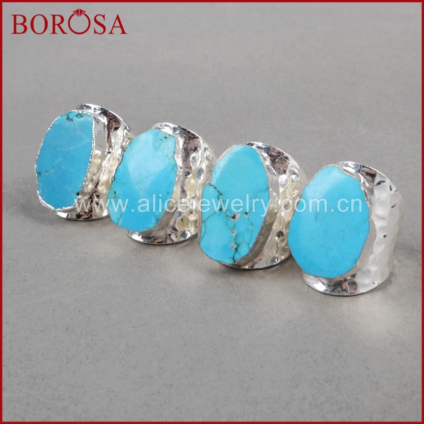 BOROSA, 5 шт., серебряное покрытие, произвольной формы, голубой камень Howlite, манжета, кольцо, Druzy, ювелирные изделия Howlite, регулируемые кольца, ювелирные изделия для женщин, S0208
