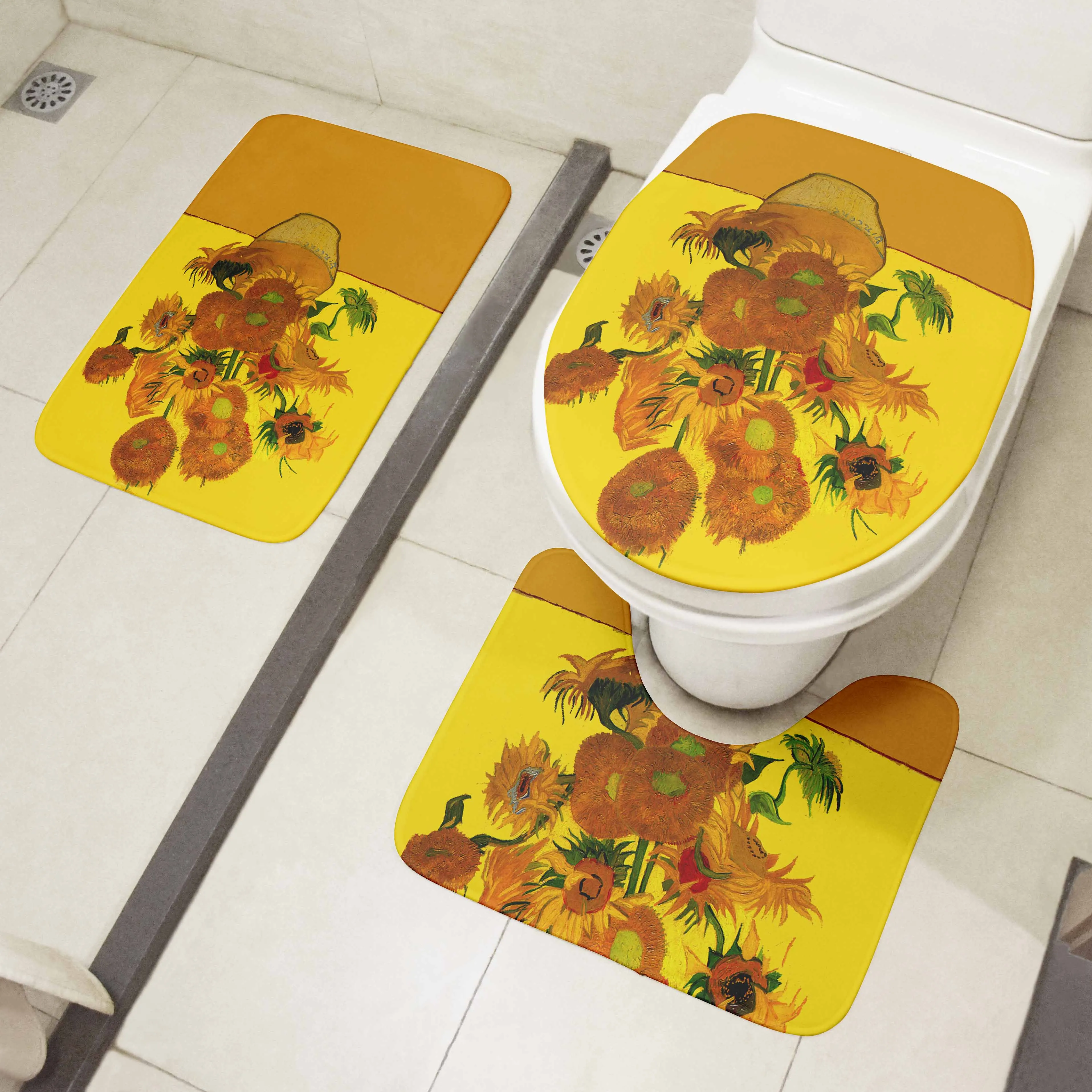 toilet mat set 3d van gogh oil painting sunflower starry night floor rugs bathroom shower flannel non slip carpet toilet cushion free global shipping
