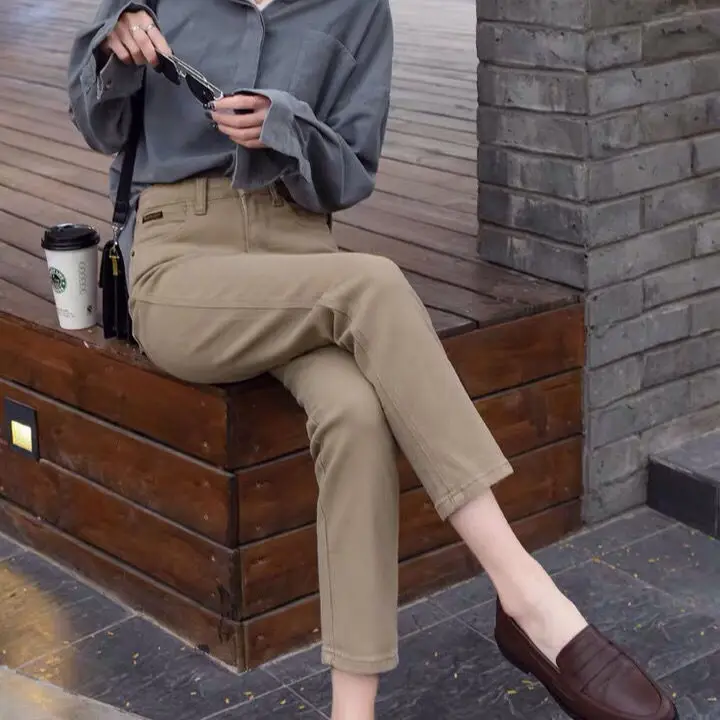 

2020 New Autumn Women High Waist Casual Denim Pants Double Pockets Boyfriends Long Fashion Solid Jeans Trousers Mujer E396