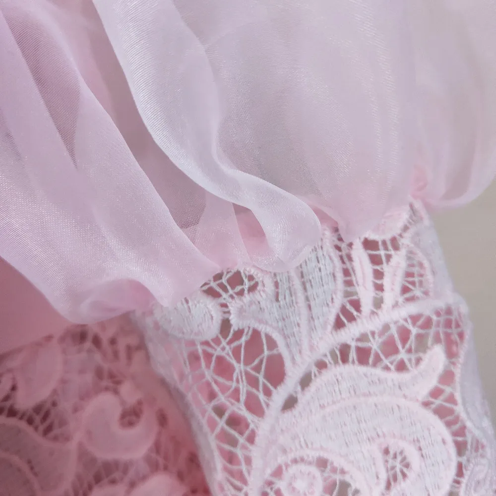 Ladies Pink Lace Dress Long Lantern Sleeves Bodycon Patchwork Tulle Date Dinner Elegant Robes Modest African Dresses for Women