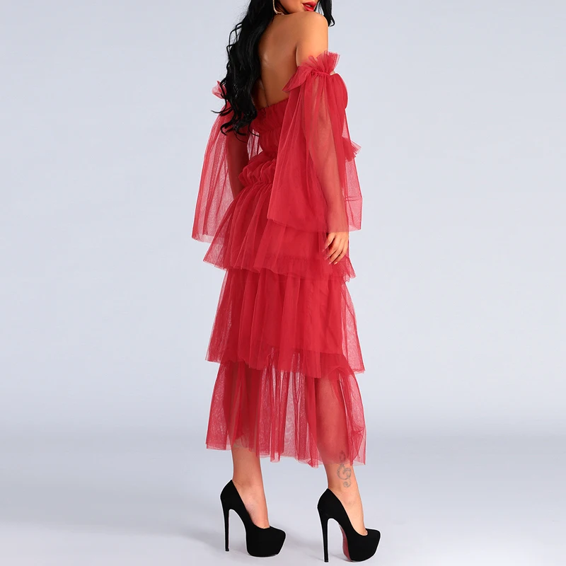 INDRESSME 2019 New Sexy Off The Shoulder Slash Lace Long Sleeves Ball Gown Red Tiered Mesh Dress Women Party Ankle Length | Женская