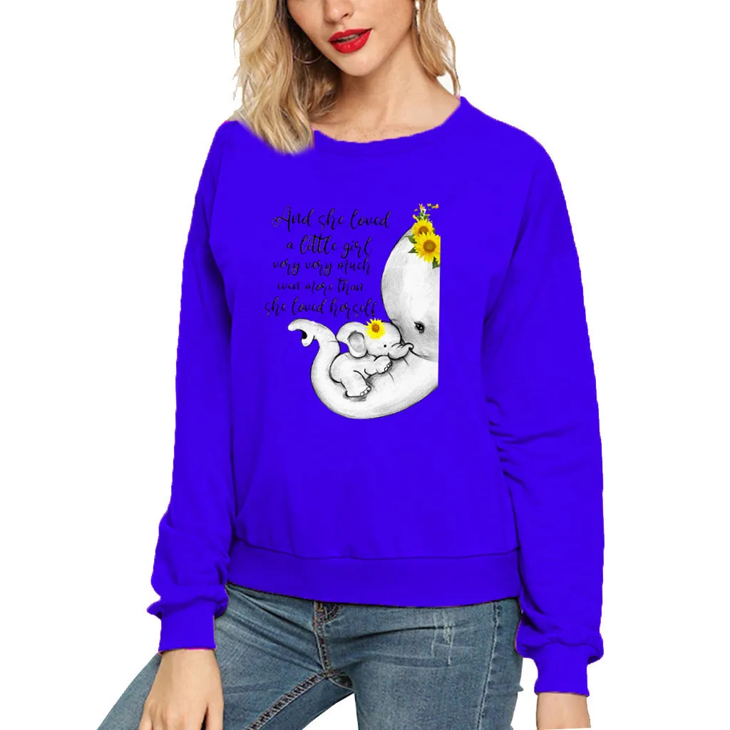 

Elephant Sunflower Pattern Printed Letter Long Sleeve Tops Round Neck Sweatershirt Female Letter Printing Sweatshirt Women