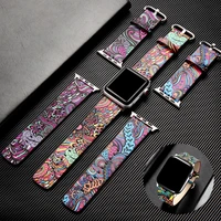 genuine leather watchband for apple watch 44mm 40mm 38mm 42mm women men flower print band strap bracelet for iwatch se 7 6 5 4 3