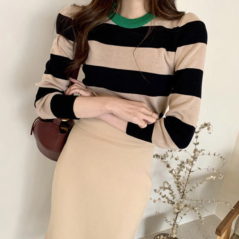 

Casual Sweaters Patchwork Color O-neck Sweaters Fashion Strip Long Sleeve Sweaters 2021 New Autumn Thin Slim Knit Top Women