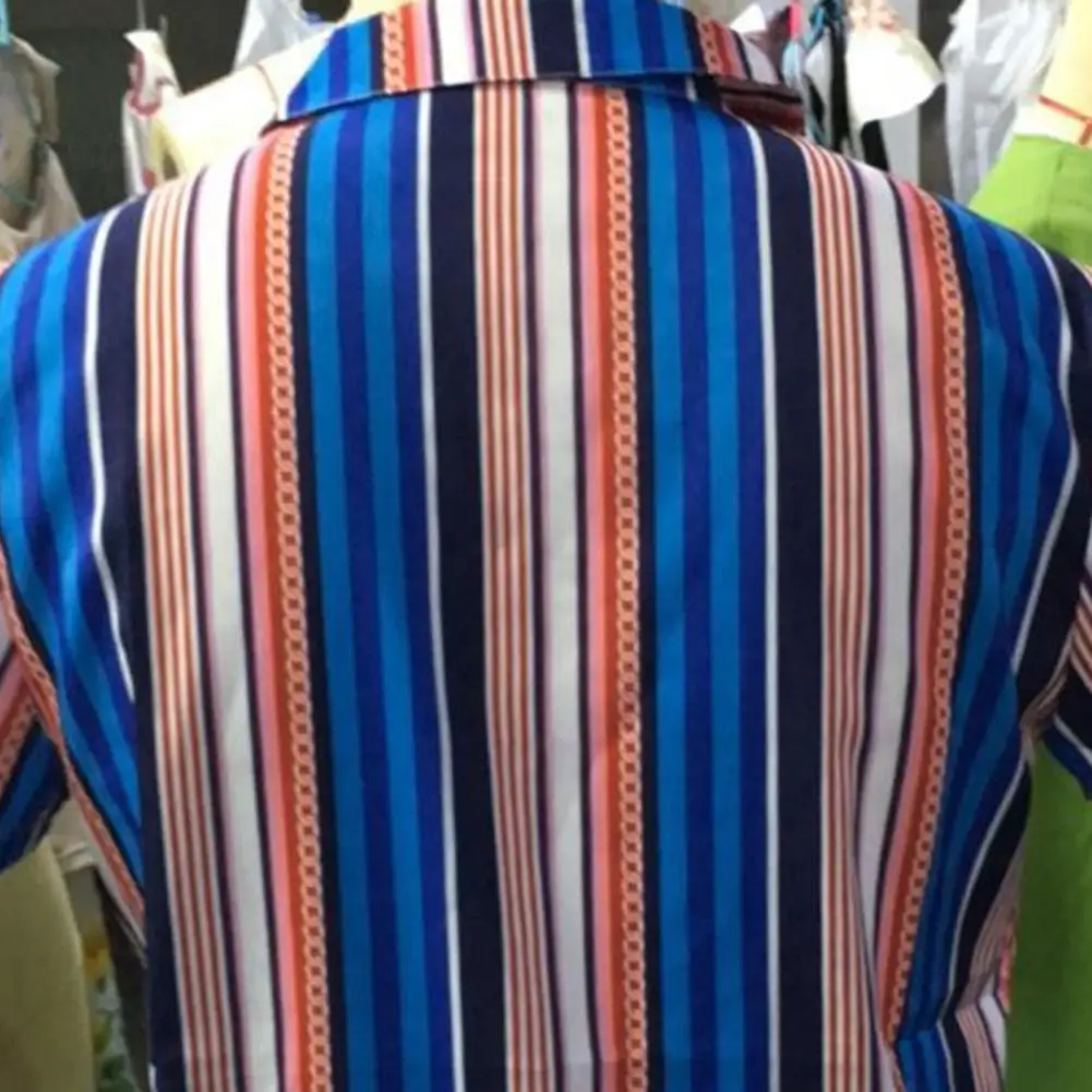 

Men Striped Print Turn-down Collar Short Sleeve Shirt Slim Fits Button Closure Casual Shirts Sweat Absorbing Cardigan for Travel