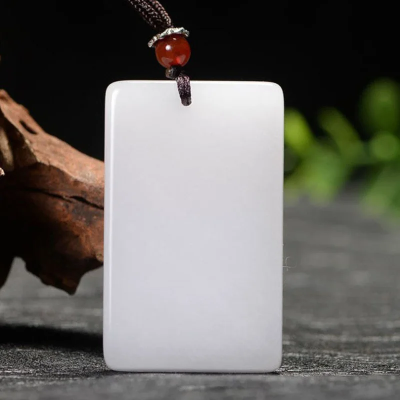 

Natural XinJiang White Jade PingAnPai Pendant Necklace Stone Lucky Amulet with Chain for Men Women Sweater