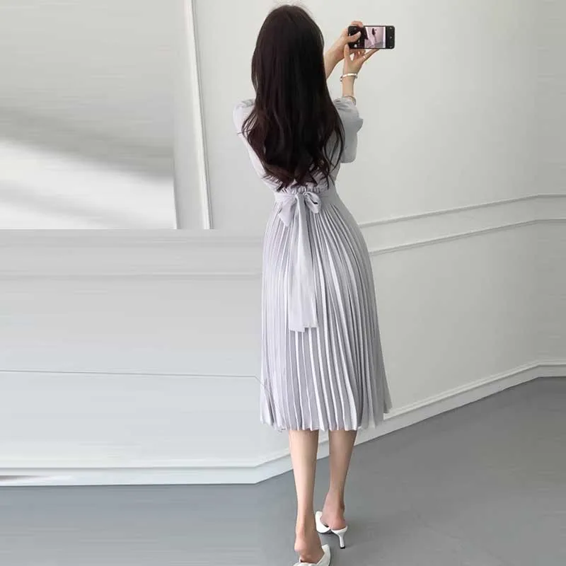 Vestido de verano plisado de una pieza, Coreano elegante, ajustado, cuello en V, vintage, francés, para oficina, novedad de 2021