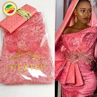 peach embroidery net tulle lace with basin riche fabrics 2021 fashion african women basin wedding women dresses net lace fabrics