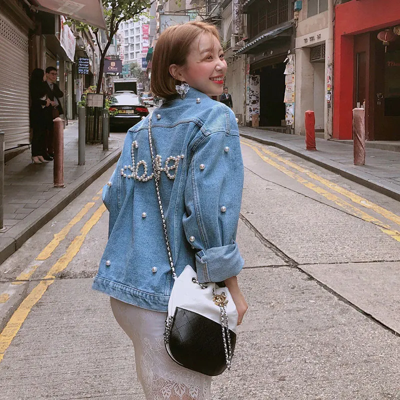 Женская джинсовая куртка с жемчужинами надписью Love в стиле Харадзюку весна-осень