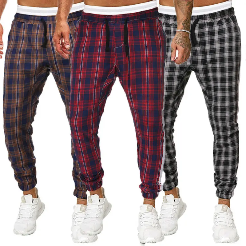 Мужские спортивные брюки в клетку повседневные свободные карандаш с эластичным