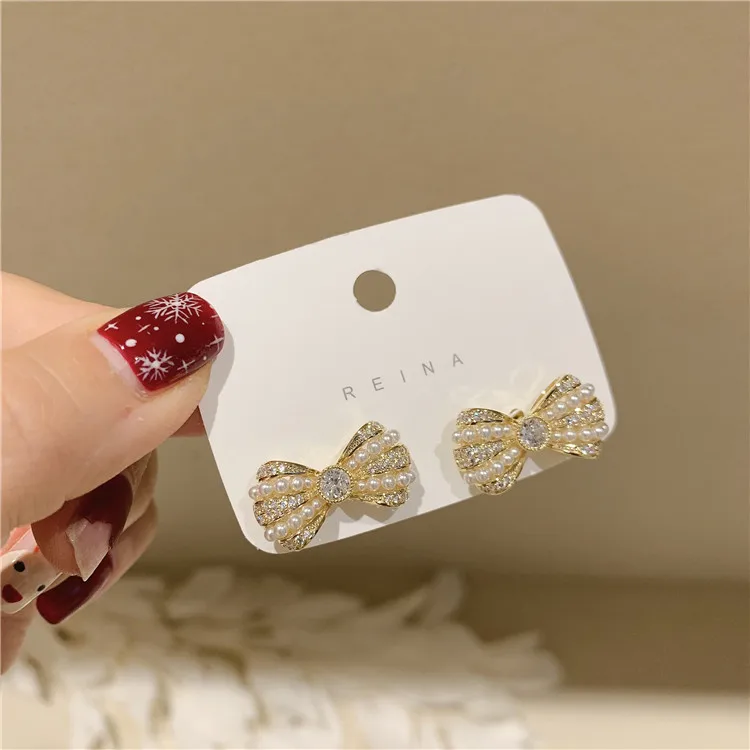 Stud Earrings for Women Fashionable Pearl Bow Light Luxury Party Birthday Present Jewelry Wholesale | Украшения и аксессуары