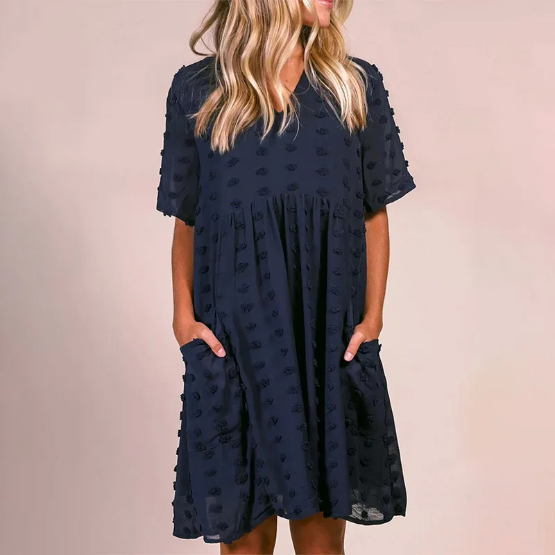 

V Neck Polka Dot Jacquard Dress Summer Plus Size Women Clothing New Solid Color Short Sleeve Knee Midi Skirt Daily Casual Wear