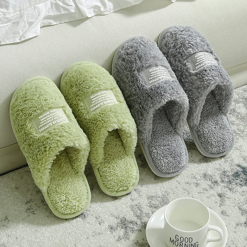 

Winter Plush New Cotton Slippers Home Floor Warmth Soft-soled Slippers Couples Plus Velvet Warm Cotton Shoes