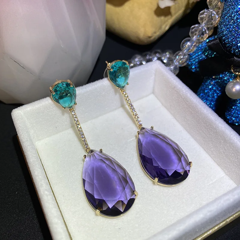 

Bilincolor Trendy Simple Summer Purple Cubic Zirconia Long Big Drop Earrring for Women Wedding Bridal