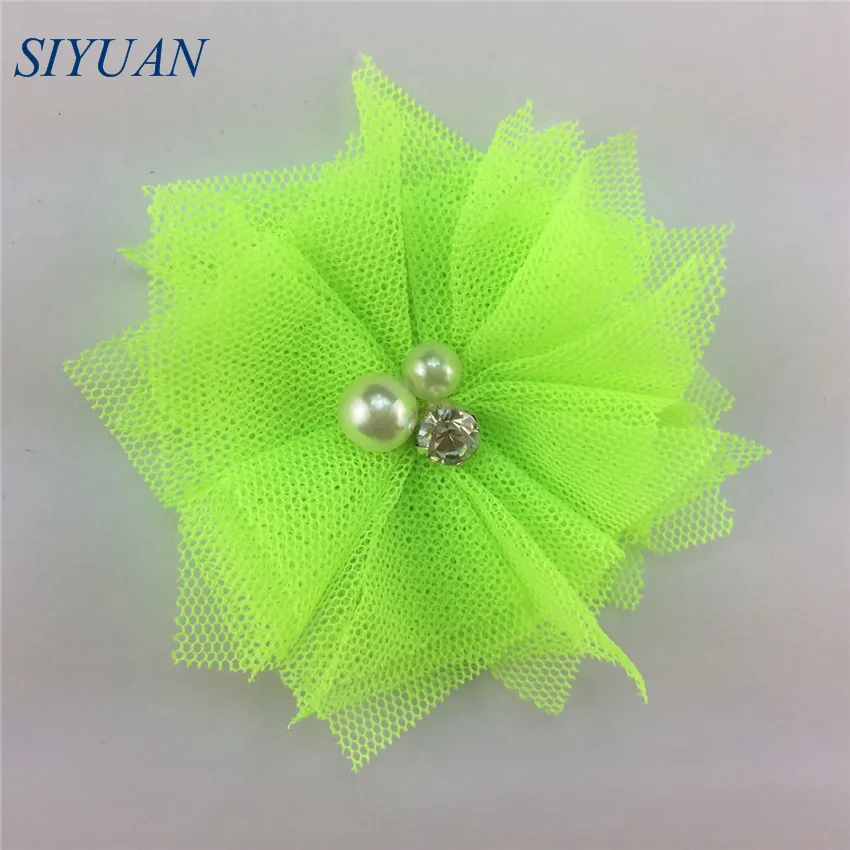 9-neon green 10 шт./лот, 5 см, сетка, тюль, Fbric, цветок, стразы, для детей, жемчуг, бисер, шикарная повязка с цветами, сделай сам, аксессуары для волос F27 - Цвет: 9-neon green