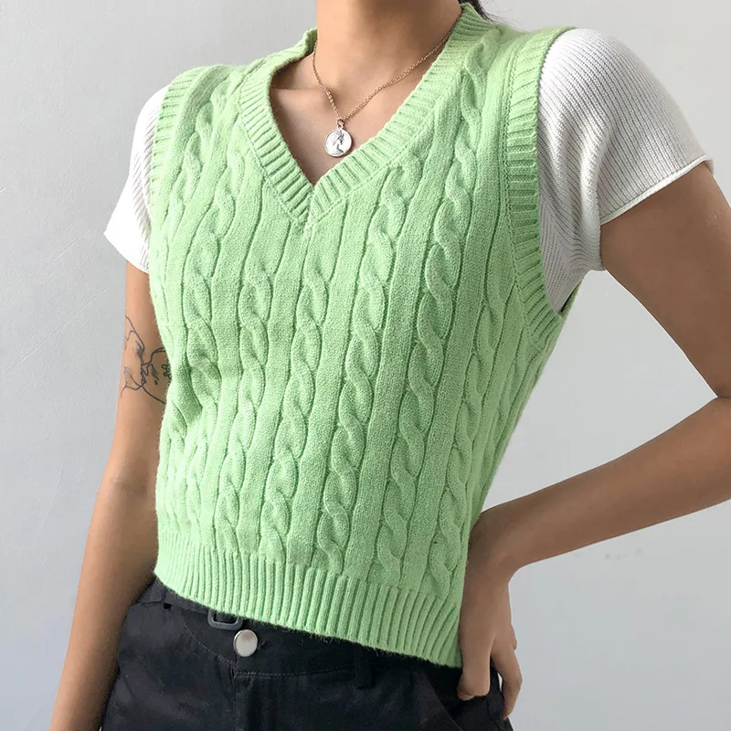 

Solid Sweater Vest Women Short Knitted Vests Autumn V Neck Sleeveless Pullover Y2K Twist Jumpers Vintage Slim Crop Tops