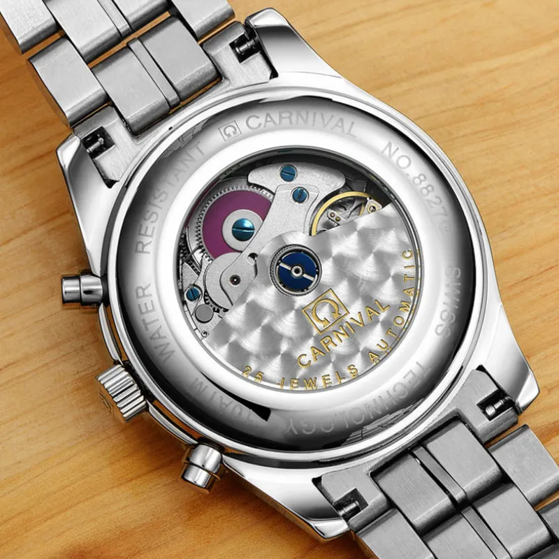 Механические водонепроницаемые часы с автоподзаводом и календарем на стальном