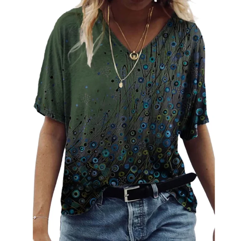 

Summer Women New Fashion Abstract Printed T-shirts Short Sleeve Cotton Loose Tops V-neck Shirts Plus Size Xxs-5xl