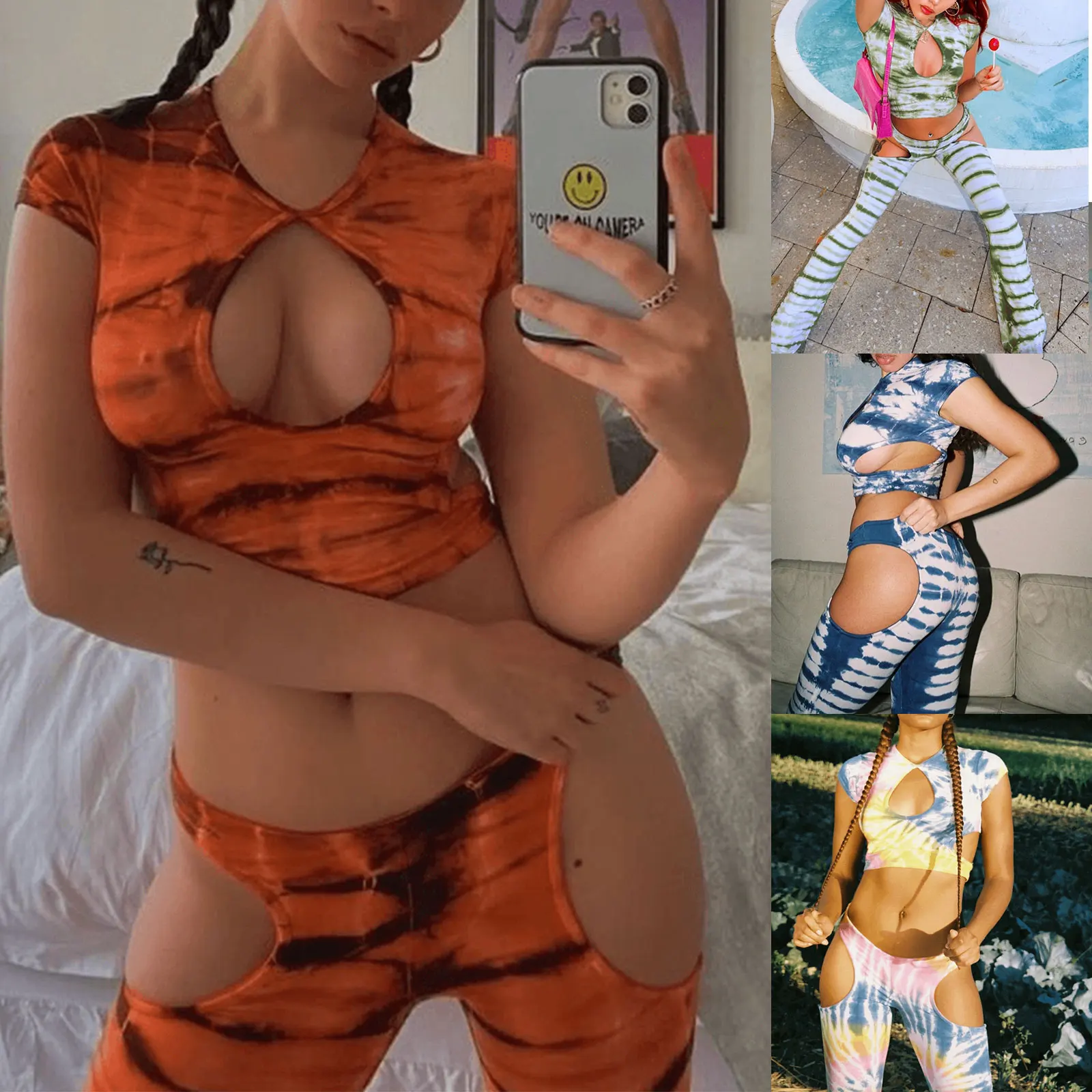 

Women Sexy Two-piece Clothes Set Tie-dyed Printed Pattern Round Collar Short Sleeve Tops and Pants
