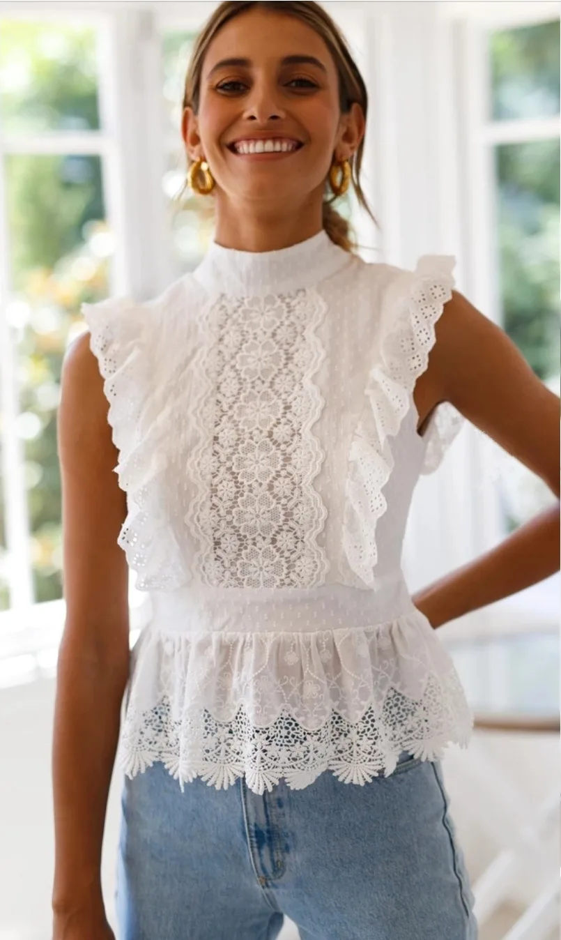 

Bind Sexy Vests Show Back Round Collar Lace Fashionable Temperament Elegant White Party 2021 Women Clothing Summer Short Sleeves