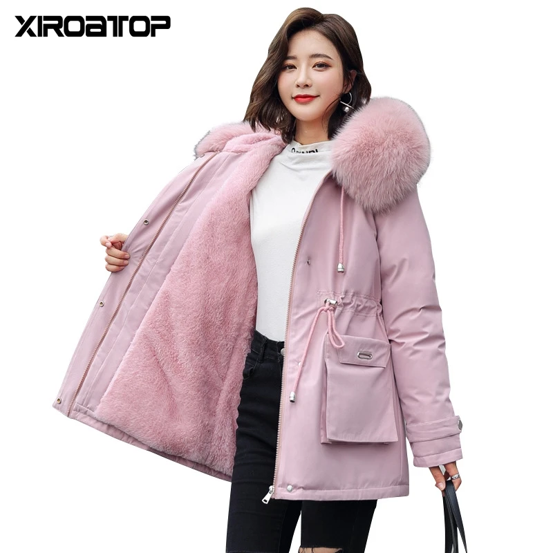 

Hot Sale Fashionable Warm Cotton Liner Hooded Down Parkas Coat Winter Jacket Women Adjustable Waist Fur Collar Jacket Parka