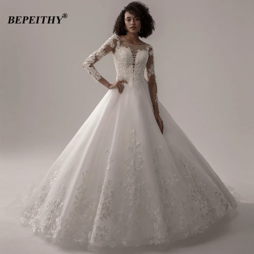 

BEPEITHY Lace Wedding Dress 2021 Ball Gown Bridal Scoop Glittler Princess Ivory Long Sleeves Wedding Dresses For Bride New