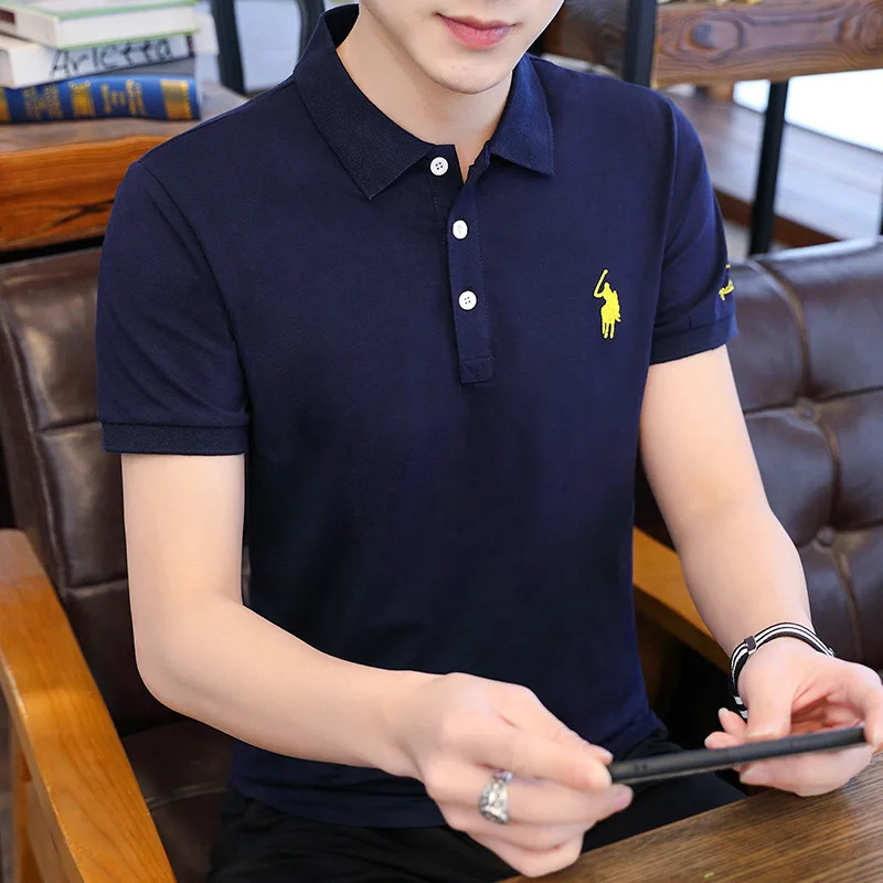 

Free Shipping Men's Summer Fashion Embroidered Lapel T-shirt Black White Stripes Mens Business Casual Tee Short Sleeve T Shirts