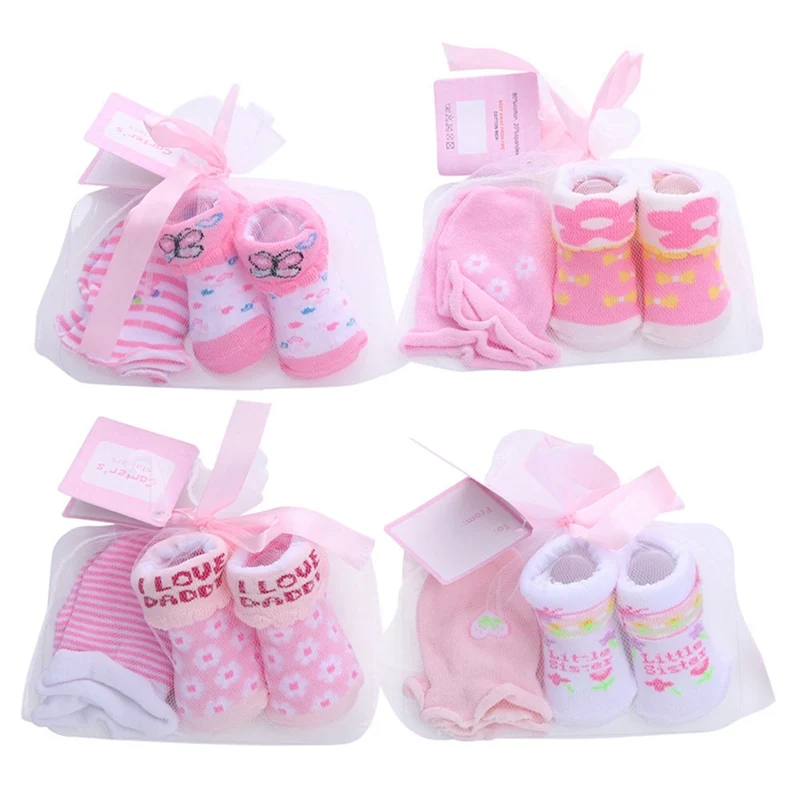 Newborn Socks + Anti-grab Gloves Set Cute Cartoon Spring Autumn Baby Striped Dot Cotton For 0-12 Months |