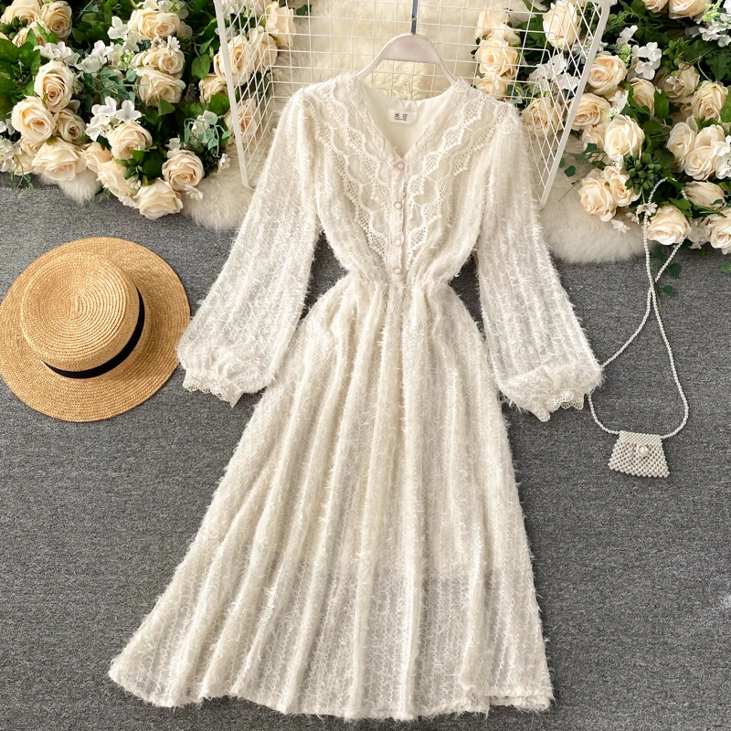 

Chic Tender Style Autumn Winter V-neck Lace Fairy Dress Medium Long Elegant Women Dress