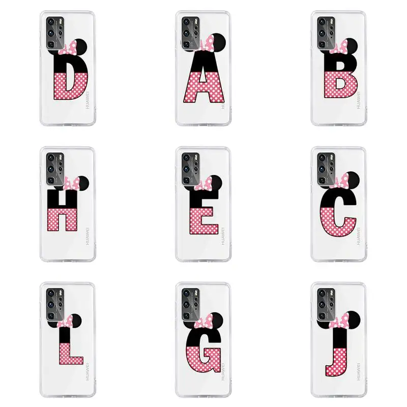 

cute Cartoon mouse bow 26 letters Phone Case For Huawei P40 P30 P20 Mate Honor 10i 30 20 i 10 40 8x 9x Pro Lite Transparent