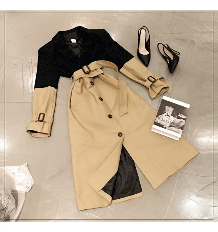 Длинный однобортный Тренч в стиле пэчворк с отложным воротником и поясом