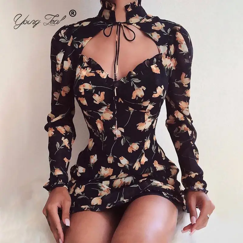 

Осеннее Цветочное платье с высоким воротником, сексуальное мини-платье на шнуровке с длинным рукавом и вырезом, облегающее вечернее модное ...