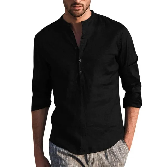 

Men's loose cotton linen T-shirt retro plain long-sleeved button shirt top