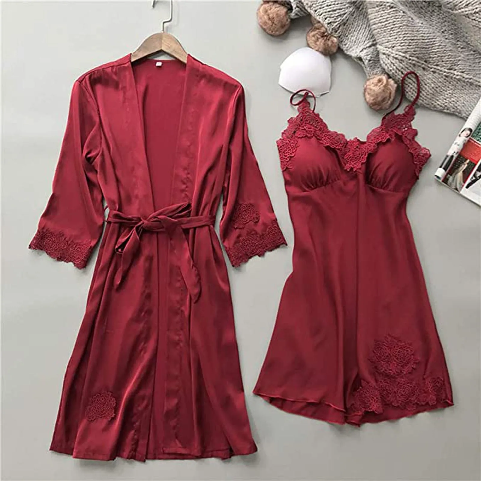 

Women Pajama Silk Satin Robe Lace Dress Sets Lingerie Babydoll Nightdress Sleepwear Kimono Set Loungewear conjuntos de mujer g4