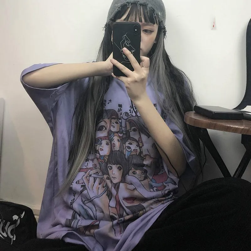 

Horror Manga Print Short Sleeve Goth T Shirt for Women Girl Harajuku Tshirt Korean Clothes Junji Ito Graphic Gothic Clothing