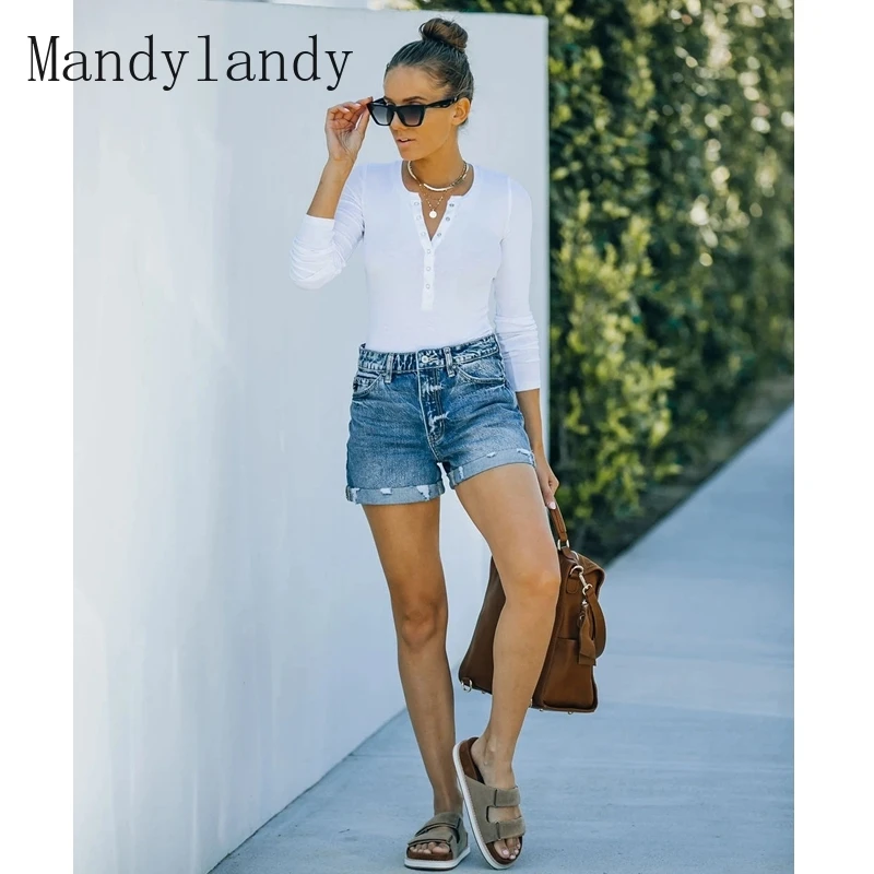 

Mandylandy Denim Shorts Summer Mid Waist Button Pocket Denim Straight Shorts Women Casual Solid Color Ripped Washed Short Jeans
