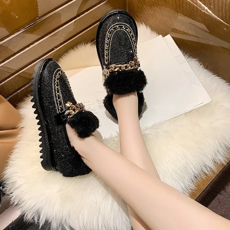 

Fashion Thick Faux fur Women shoes Snow Boots Round Toe Waterproof Female Flat High Top crystal Winter Boots Sewing Snow Boots