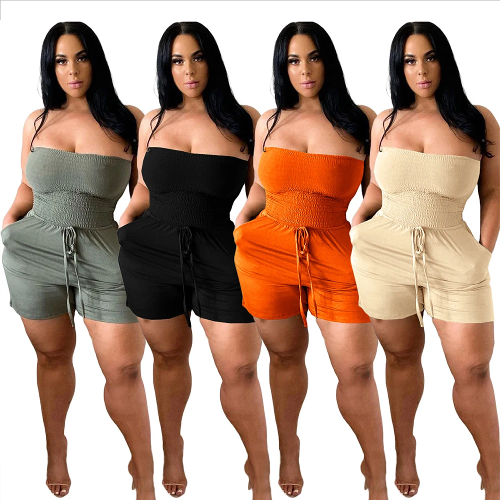 

Fashion Casual Jumpsuit Women Summer 2021 Solid Color Ribbing Flat Shoulder Wrapped Chest Loose Pocket Rompers Streetwear Custom