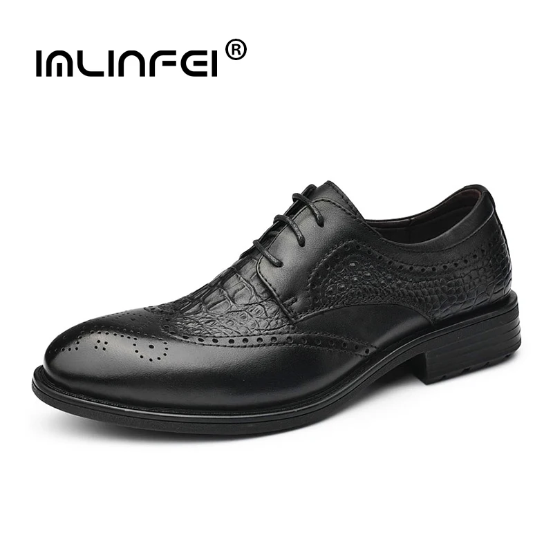 

IMLINFEI Men's Business Party BrogueShoes Lace Up Cow Leather Crocodile Brock Wedding Genuine LeatherShoes