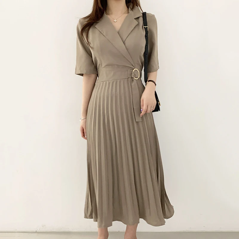 

Kimotimo Summer Short-sleeved Pleated Dress Women Notched Collar Bandage Waist Korean Summer Lightly Ripe Design Long Dresses