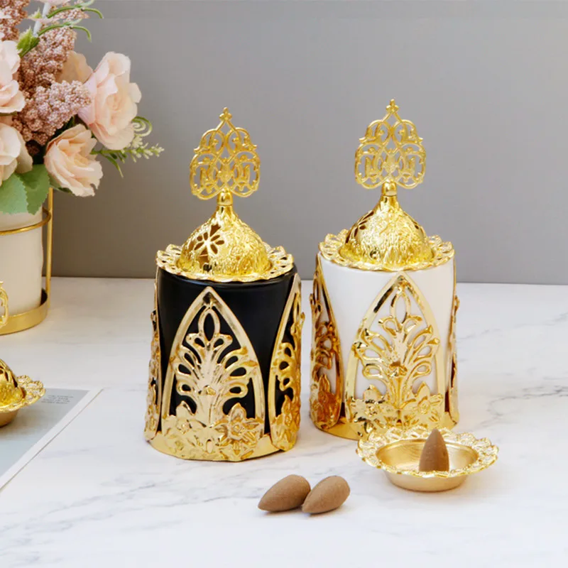 

Golden Brass Incense Burner Iron Ceramic Combination Aromatherapy Furnace Candle Holder Ramadan Home Decor Buddhism Decoration