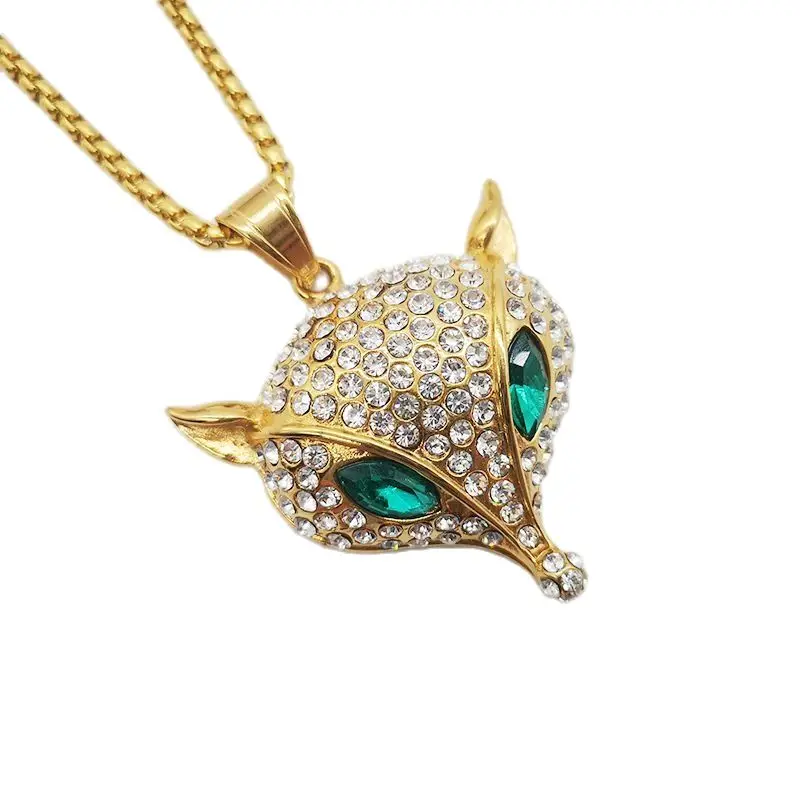 

Bling Bling Full Rhinestones Animal Fox Pendant Necklace Iced Out Creative Green Cubic Stones Eyes Fox Necklace Jewelry Hip Hop