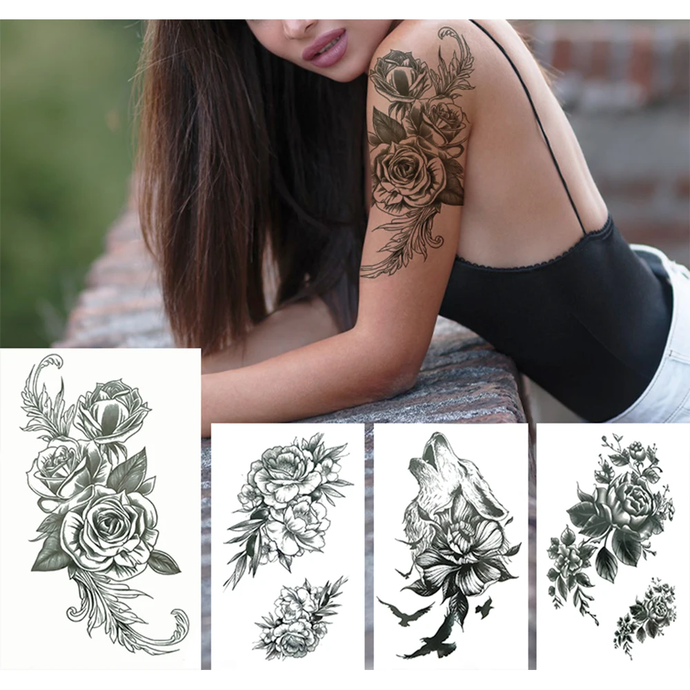 

Sexy Flower Temporary Tattoos For Women Lady Realistic Fake Rose Peony Tattoos Waterproof DIY Black Wolf Tatoos Decal For Party