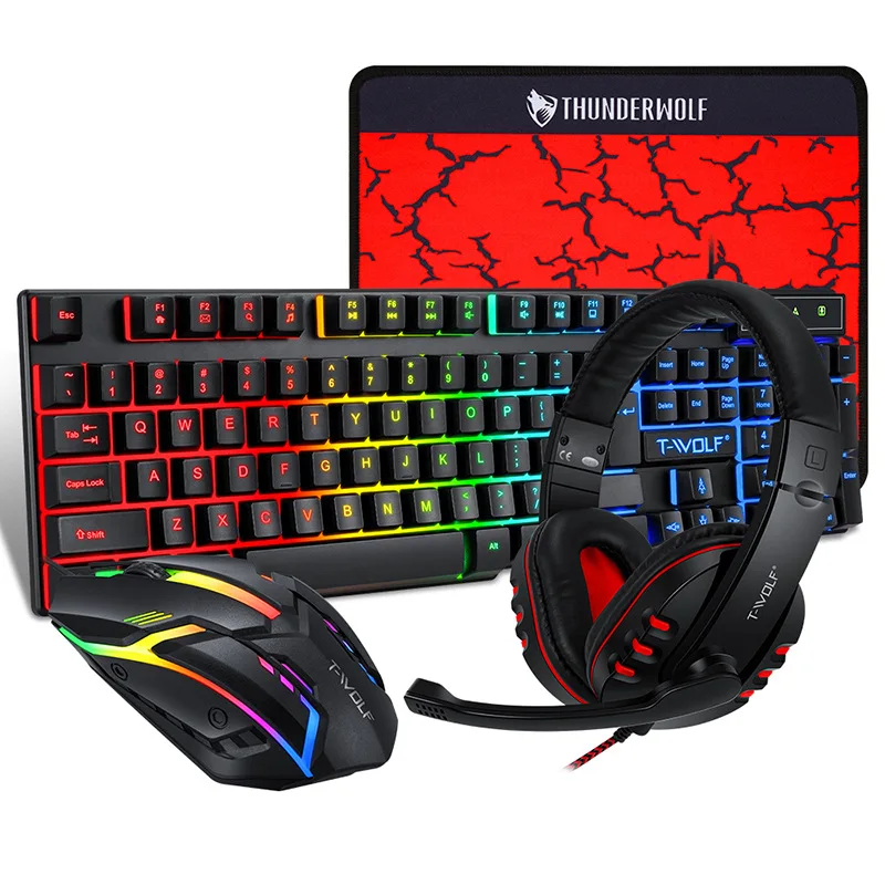 

4 In 1 Gaming Keyboard Mouse Headset Set Mechanical Feeling Game 104 Keys Wire Keyboards Mice Pad Headphone Combos for PC Gamer