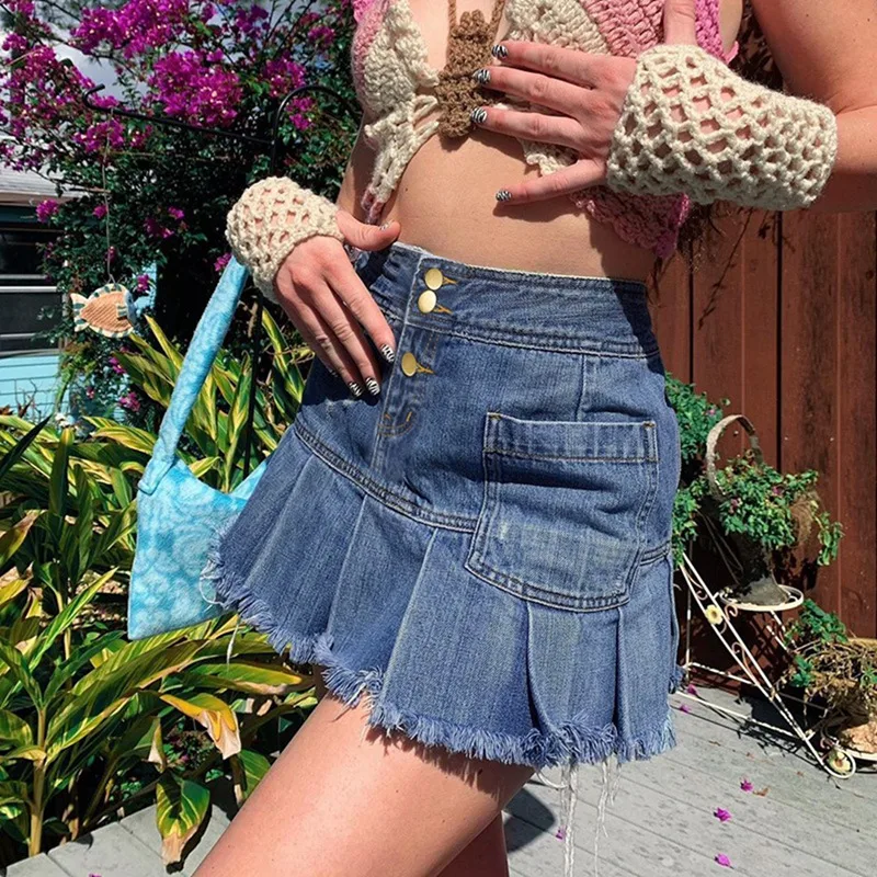 

Women's Stitching Pockets Raw Edge High Waist Pleated Skirt Half Skirt Blue