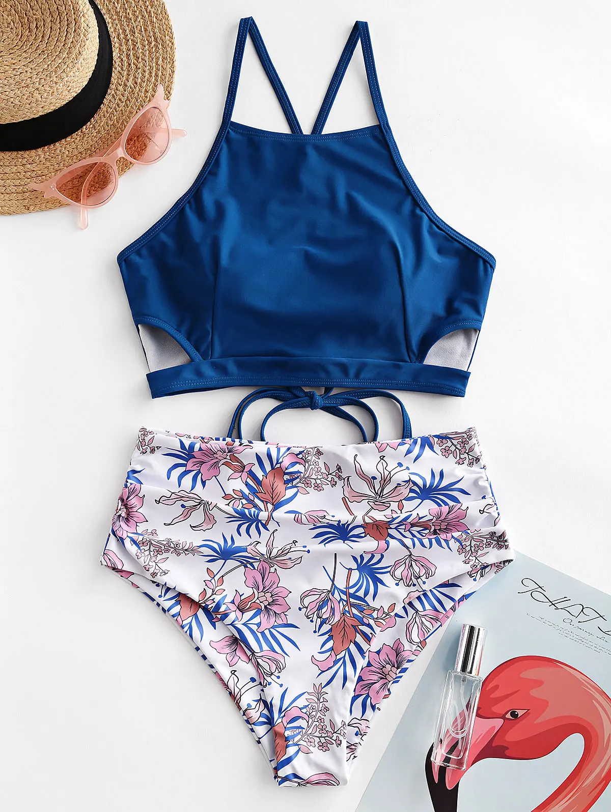 ZAFUL Women Cutout Crisscross Lace-Up Floral Tankini Swimsuit High Waisted High Waisted Removable Padded Swimwear Mix And Match