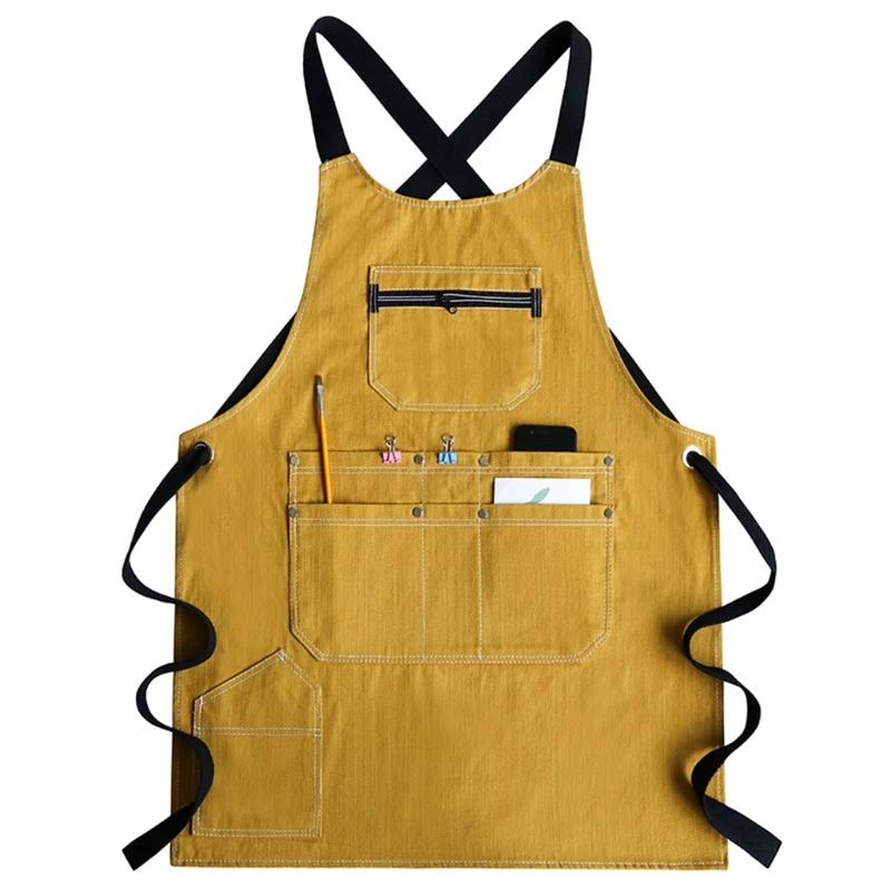 

2021 New Men Women Denim Shop Tools Work Aprons Adjustable Cross Back Kitchen Bib with Multi Pockets for Cooking Woodworking